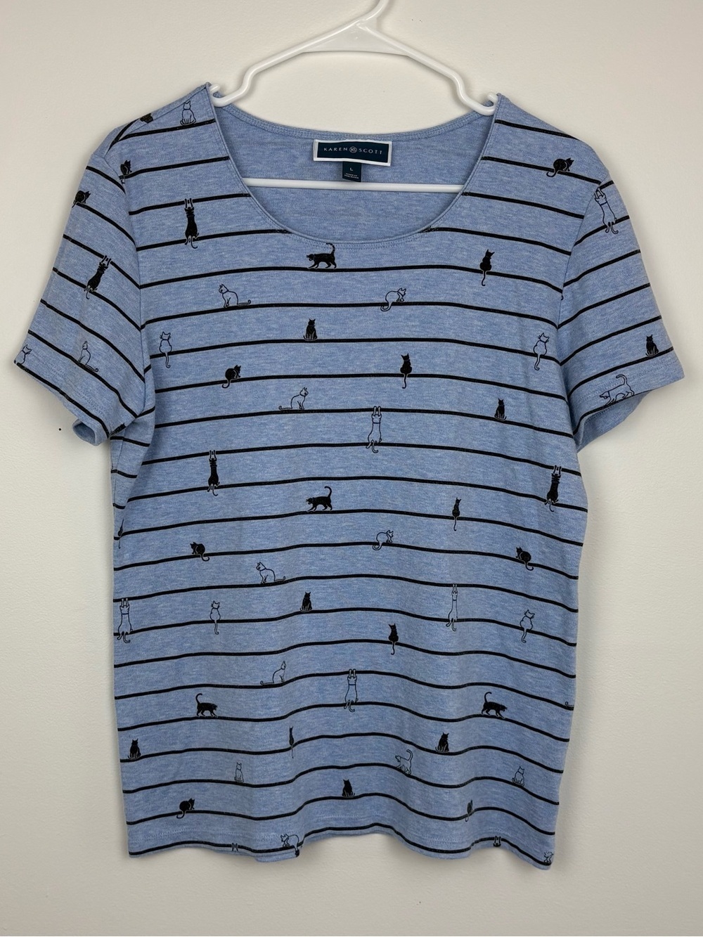 Karen Scott Blue Striped Short-Sleeve Tee w/ Cat Motif Large Twee Grannycore